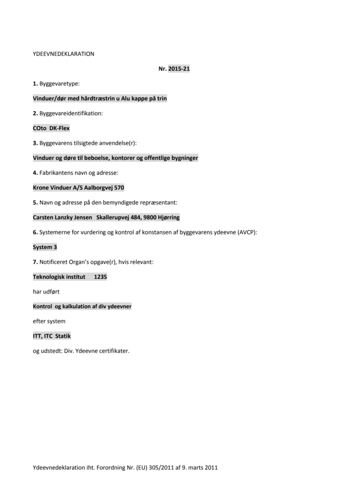 Ydeevnedeklaration (DoP) – KRONE Flex Dør